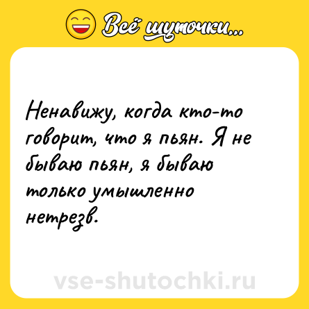 Шутка: Ненавижу, когда кто-то говорит, что я пьян. Я не бываю пьян, я бываю только умышленно нетрезв.