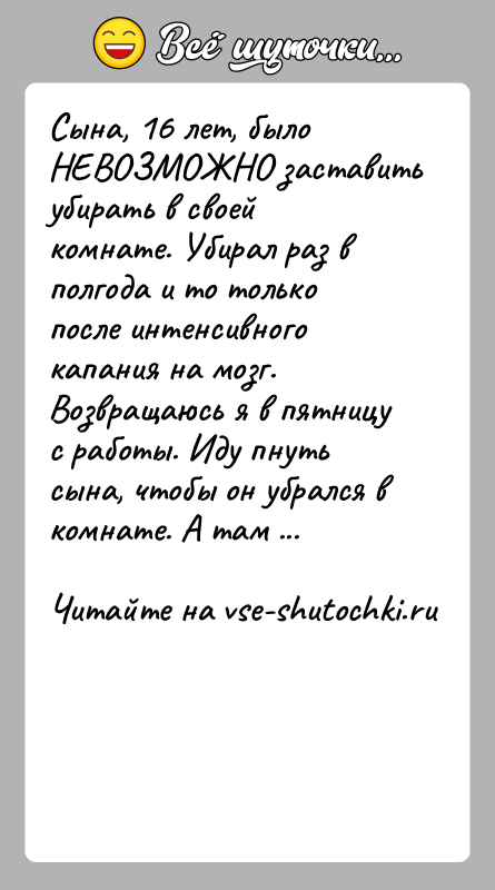 История: Сына, 16 лет, было НЕВОЗМОЖНО заставить убирать в своей комнате. Убирал раз в полгода и то только после интенсивного капания
