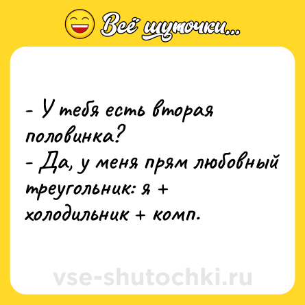 Шутка: - У тебя есть вторая половинка?<br>- Да, у меня прям любовный треугольник: я + холодильник + комп.