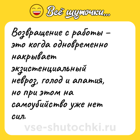 Шутка: Возвращение с работы – это когда одновременно накрывает экзистенциальный невроз, голод и апатия, но при этом на самоубийство уже нет сил.