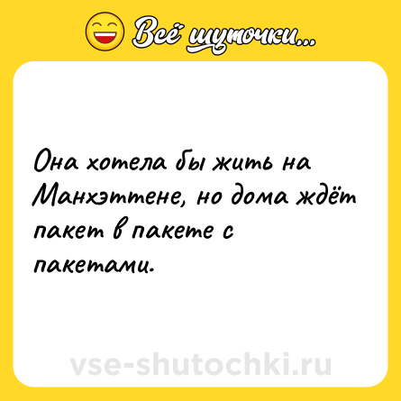 Шутка: Она хотела бы жить на Манхэттене, но дома ждёт пакет в пакете с пакетами.