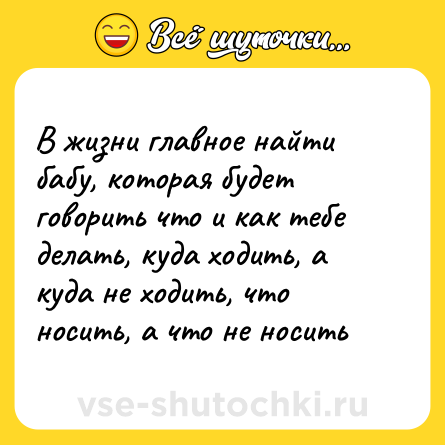 Шутка: В жизни главное найти бабу, которая будет говорить что и как тебе делать, куда ходить, а куда не ходить, что носить, а что не носить