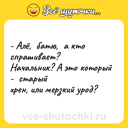 Шутка: - Алё,  батю,  а кто спрашивает?  <br>Начальник? А это который -  старый <br>хрен, или мерзкий урод? 