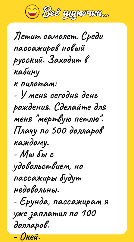 Летит самолет. Среди пассажиров новый русский. Заходит в кабину к