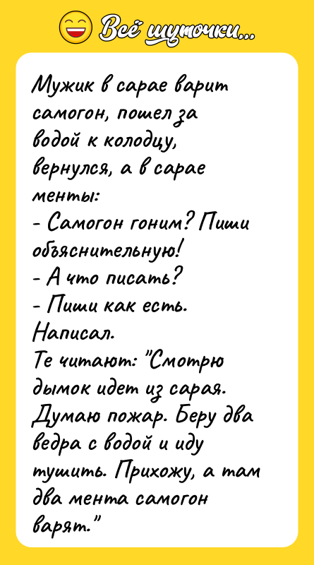 Мужик в сарае варит самогон, пошел за водой к колодцу,