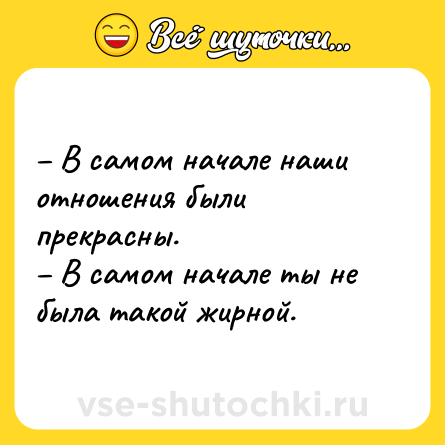Шутка: – В самом начале наши отношения были прекрасны. <br>– В самом начале ты не была такой жирной.