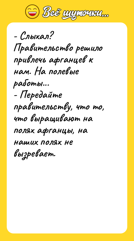 - Слыхал? Правительство решило привлечь афганцев к нам. На полевые