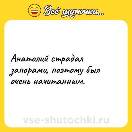 Шутка: Анатолий страдал запорами, поэтому был очень начитанным.