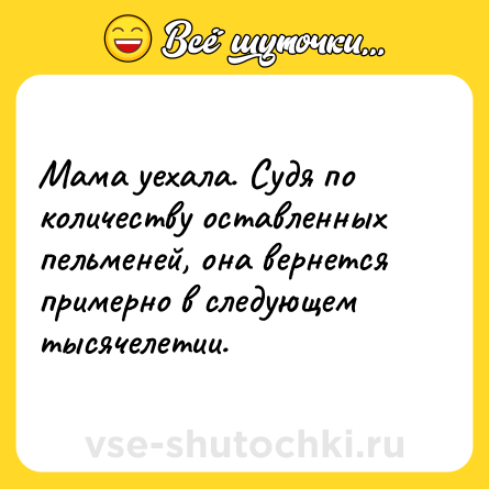 Шутка: Мама уехала. Судя по количеству оставленных пельменей, она вернется примерно в следующем тысячелетии.