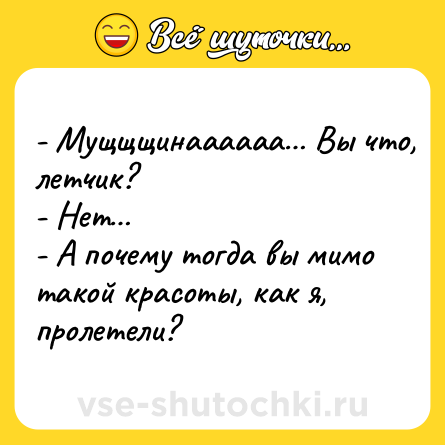 Шутка: - Мущщщинаааааа… Вы что, летчик?<br>- Нет…<br>- А почему тогда вы мимо такой красоты, как я, пролетели?