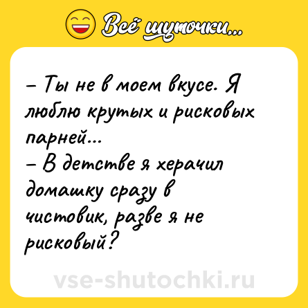 Шутка: – Ты не в моем вкусе. Я люблю крутых и рисковых парней… <br>– В детстве я херачил домашку сразу в чистовик, разве я не рисковый?