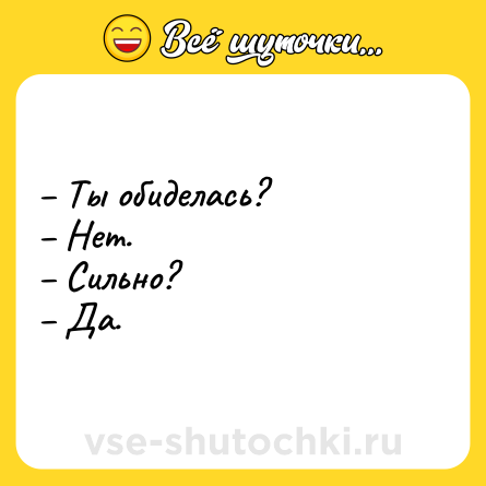 Шутка: – Ты обиделась?<br>– Нет.<br>– Сильно?<br>– Да.