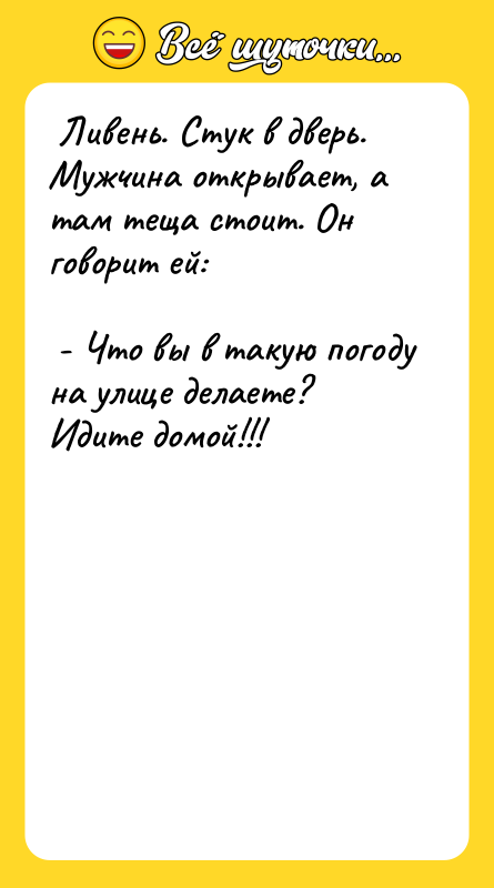  Ливень. Стук в дверь. Мужчина открывает, а там теща
