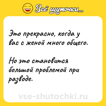 Шутка: Это прекрасно, когда у вас с женой много общего. <br>Но это становится большой проблемой при разводе.