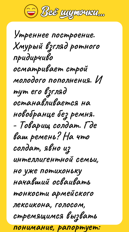 Утреннее построение. Хмурый взгляд ротного придирчиво осматривает строй молодого пополнения.