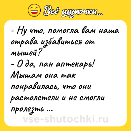 Шутка: - Ну что, помогла вам наша отрава избавиться от мышей?<br>- О да, пан аптекарь! Мышам она так понравилась, что они растолстели и не смогли пролезть в нору. Наша кошка переловила их всех и съела!