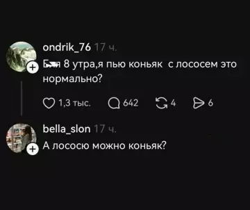 Гастрономический вопрос на миллион 😂 - ondrik 76 17 ч. Блин 8 утра, я пью коньяк