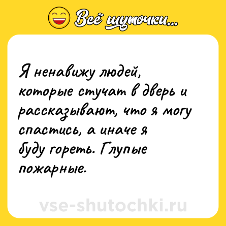 Шутка: Я ненавижу людей, которые стучат в дверь и рассказывают, что я могу спастись, а иначе я<br>буду гореть. Глупые пожарные.