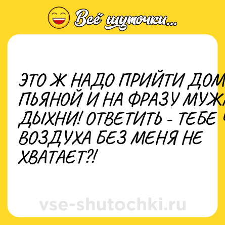 Шутка: ЭТО Ж НАДО ПРИЙТИ ДОМОЙ ПЬЯНОЙ И НА ФРАЗУ МУЖА- ДЫХНИ! ОТВЕТИТЬ - ТЕБЕ ЧЁ ВОЗДУХА БЕЗ МЕНЯ НЕ ХВАТАЕТ?!