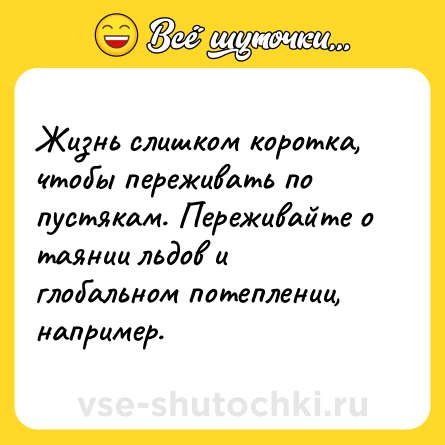 Шутка: Жизнь слишком коротка, чтобы переживать по пустякам. Переживайте о таянии льдов и глобальном потеплении, например.