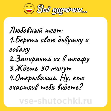 Шутка: Любовный тест:<br>1.Берешь свою девушку и собаку<br>2.Запираешь их в шкафу<br>3.Ждешь 30 минут<br>4.Открываешь. Ну, кто счастлив тебя видеть?