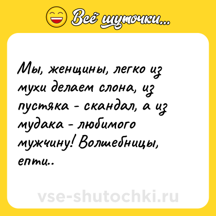 Шутка: Мы, женщины, легко из мухи делаем слона, из пустяка - скандал, а из мудака - любимого мужчину! Волшебницы, епти..