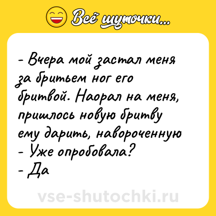 Шутка: - Вчера мой застал меня за бритьем ног его бритвой. Наорал на меня, пришлось новую бритву ему дарить, навороченную<br>- Уже опробовала?<br>- Да