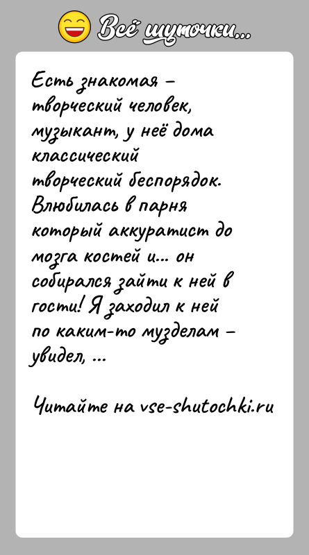 История: Есть знакомая творческий человек, музыкант, у неё дома классический творческий беспорядок. Влюбилась в парня который аккуратист до мозга костей