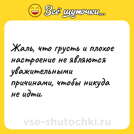 Шутка: Жаль, что грусть и плохое настроение не являются уважительными причинами, чтобы никуда не идти.