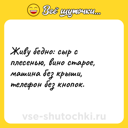 Шутка: Живу бедно: сыр с плесенью, вино старое, машина без крыши, телефон без кнопок.
