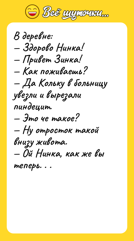 В деревне: — Здорово Нинка! — Привет Зинка! — Как