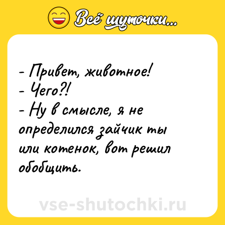 Шутка: - Привет, животное!<br>- Чего?!<br>- Ну в смысле, я не определился зайчик ты или котенок, вот решил обобщить.