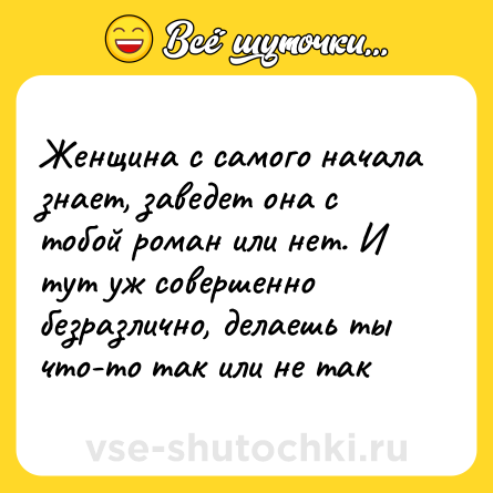 Шутка: Женщина с самого начала знает, заведет она с тобой роман или нет. И тут уж совершенно безразлично, делаешь ты что-то так или не так