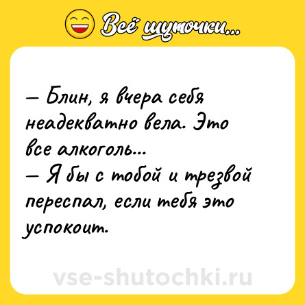 Шутка: — Блин, я вчера себя неадекватно вела. Это все алкоголь...<br>— Я бы с тобой и трезвой переспал, если тебя это успокоит.
