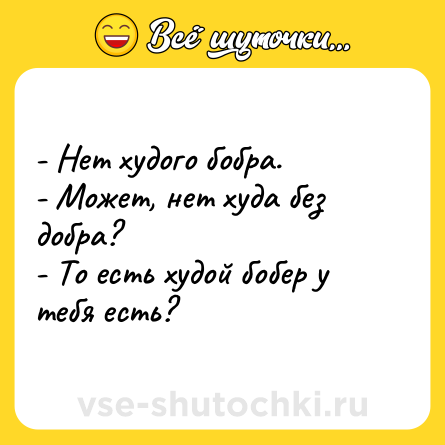 Шутка: - Нет худого бобра.<br>- Может, нет худа без добра?<br>- То есть худой бобер у тебя есть?