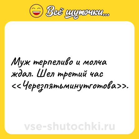 Шутка: Муж терпеливо и молча ждал. Шел третий час <<Черезпятьминутготова>>.