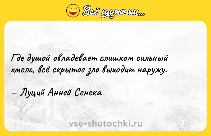 Цитата: Где душой овладевает слишком сильный хмель, всё скрытое зло выходит наружу. Луций Анней Сенека