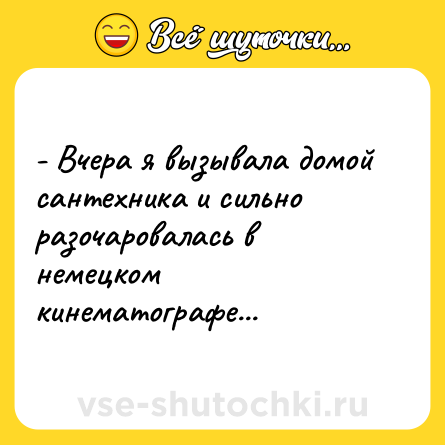 Шутка: - Вчера я вызывала домой сантехника и сильно разочаровалась в немецком кинематографе...