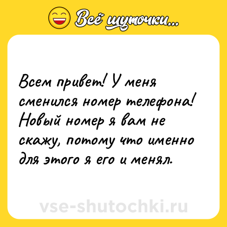 Шутка: Всем привет! У меня сменился номер телефона! Новый номер я вам не скажу, потому что именно для этого я его и менял.