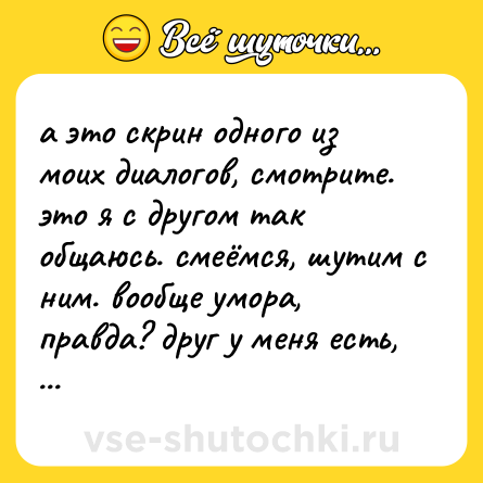 Шутка: а это скрин одного из моих диалогов, смотрите. это я с другом так общаюсь. смеёмся, шутим с ним. вообще умора, правда? друг у меня есть, да.