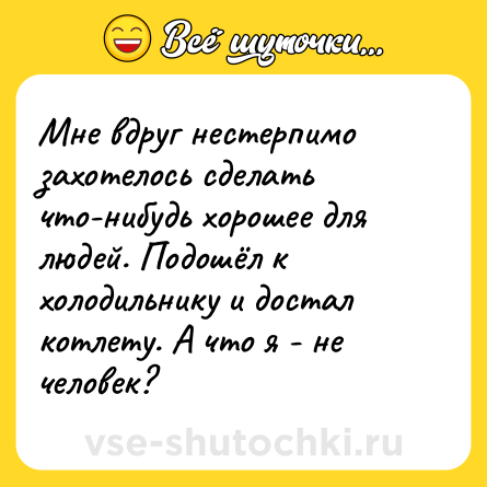 Шутка: Мне вдруг нестерпимо захотелось сделать что-нибудь хорошее для людей. Подошёл к холодильнику и достал котлету. А что я - не человек?