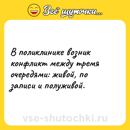 Шутка: В поликлинике возник конфликт между тремя очередями: живой, по записи и полуживой.