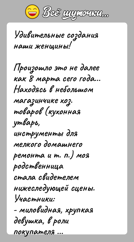 История: Удивительные создания наши женщины!Произошло это не далее как 8 марта сего года...Находясь в небольшом магазинчике хоз. товаров (кухонная утварь,инструменты для