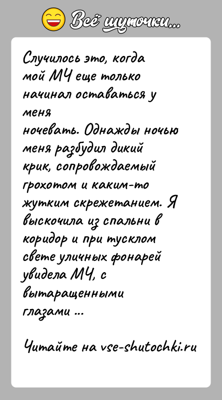 История: Случилось это, когда мой МЧ еще только начинал оставаться у меняночевать. Однажды ночью меня разбудил дикий крик, сопровождаемыйгрохотом и каким-то