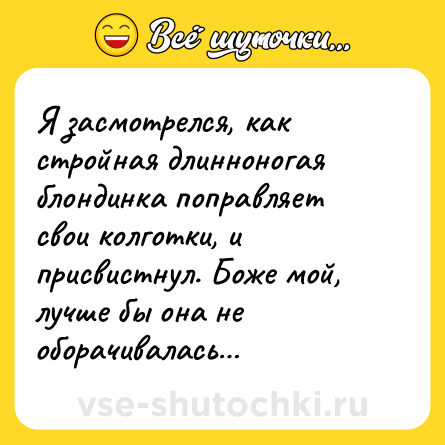 Шутка: Я засмотрелся, как стройная длинноногая блондинка поправляет свои колготки, и присвистнул. Боже мой, лучше бы она не оборачивалась…