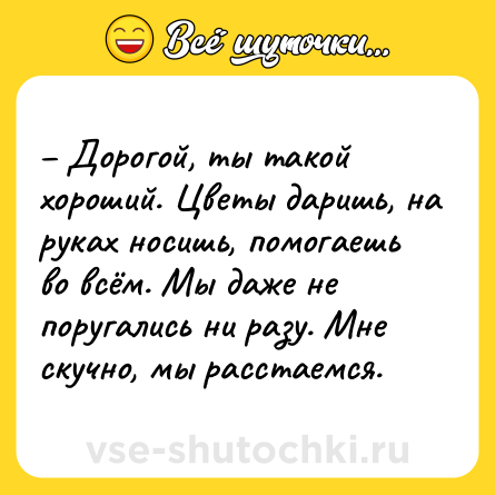 Шутка: Дорогой, ты такой хороший. Цветы даришь, на руках носишь, помогаешь во всём. Мы даже не поругались ни разу. Мне скучно, мы расстаемся.