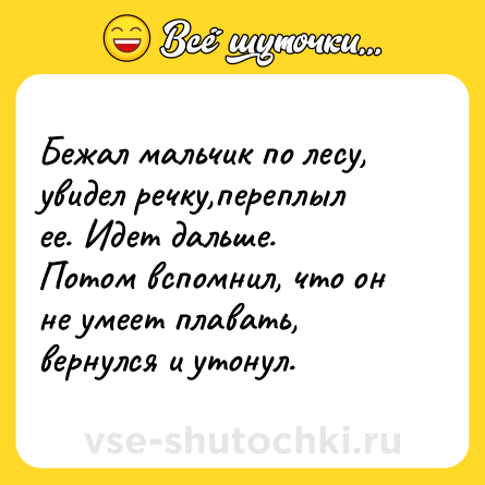 Шутка: Бежал мальчик по лесу, увидел речку,переплыл ее. Идет дальше.<br>Потом вспомнил, что он не умеет плавать, вернулся и утонул.