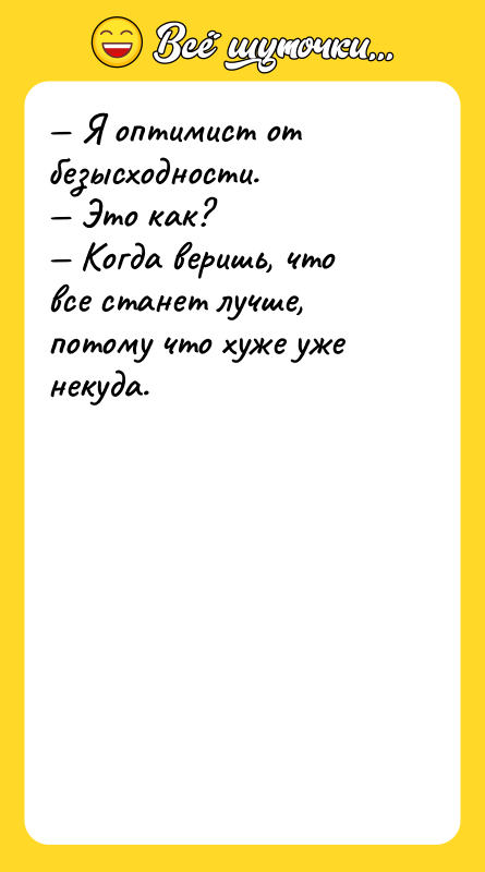 — Я оптимист от безысходности.  — Это как?  — Когда