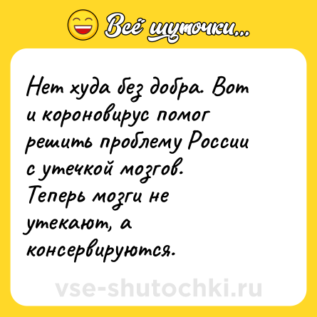 Шутка: Нет худа без добра. Вот и короновирус помог решить проблему России с утечкой мозгов. Теперь мозги не утекают, а консервируются.