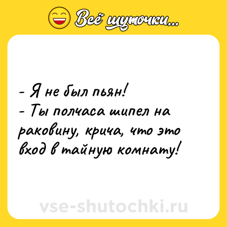 Шутка: - Я не был пьян!<br>- Ты полчаса шипел на раковину, крича, что это вход в тайную комнату!
